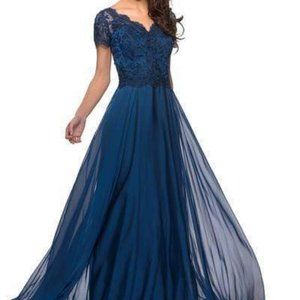 La Femme V neck Embroidered A- Line Evening Dress in Midnight Blue